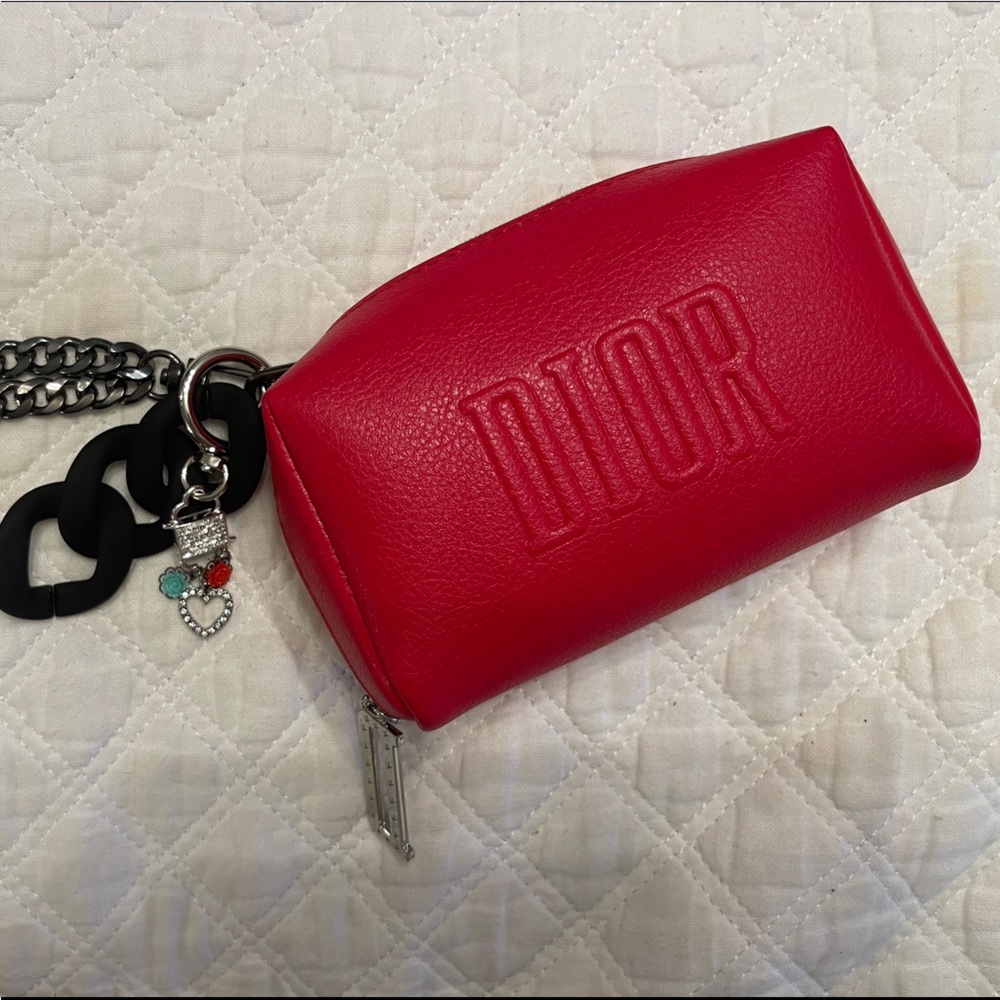 Dior authentic small wristlet with removable black chain and decorative keychain